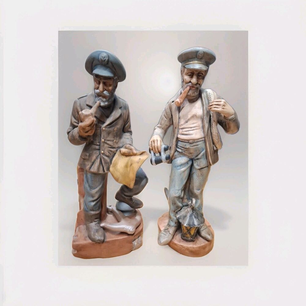 Vtg 14" Nautical Sea Captain Figurine Set Pipe Map Lantern BD 1990 Pair